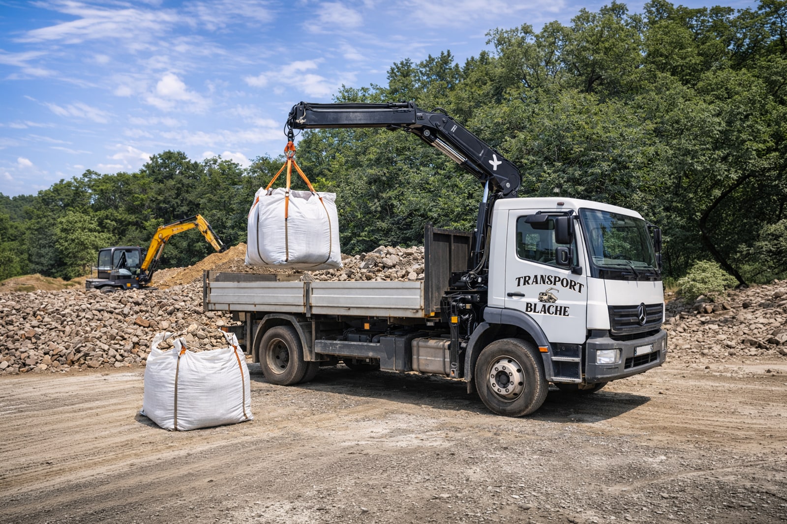 Manutention de big bags avec le camion grue Transport Blache dans le Var