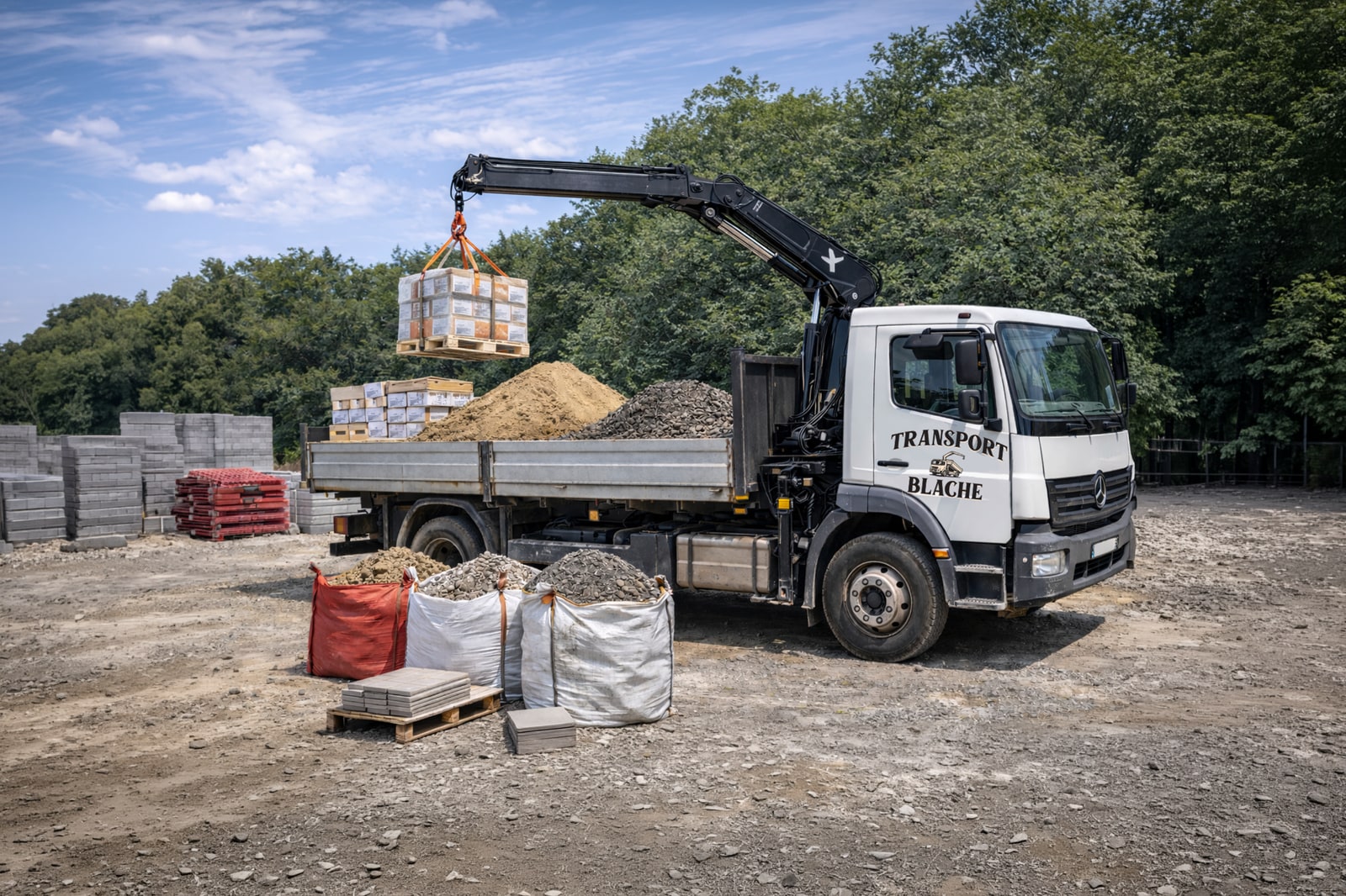 Livraison de matériaux de construction au camion grue Transport Blache